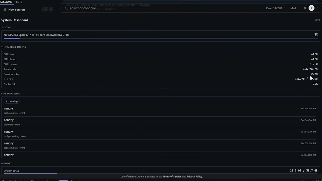 The dashboard Hermes Agent built in the demo, running locally on the RTX Spark laptop: NVIDIA RTX Spark N1X utilization at 5%, GPU and NPU thermals at 34C, a live tool-call wire streaming memory events, and the session's token count. (Image: Nous Research launch video)