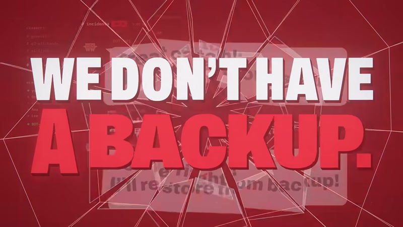 Frame from LGTM: the bridge's single red panel, WE DON'T HAVE A BACKUP, the one joke-free frame in the video. (Video frame: Degenerative Pixels, LGTM, YouTube)