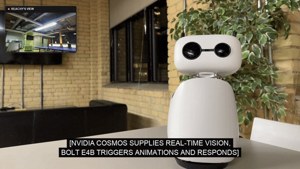 Reachy Mini on Jetson Orin Nano: Cosmos 3 Edge vision in, Bolt E4B speech and animation out. (GIF frame: NVIDIA)