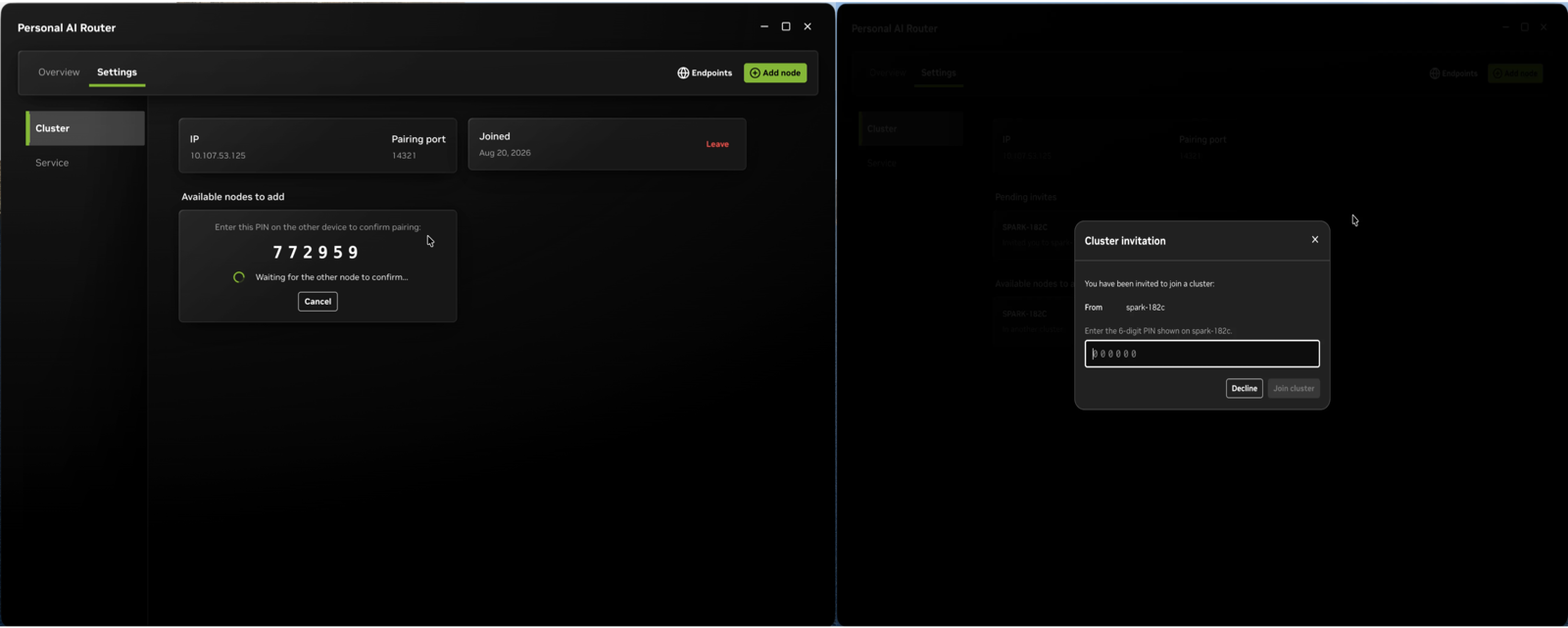 The six-digit pairing modal. NVIDIA’s docs call the PIN “a short-lived setup code, not a long-term credential” and advise reading SECURITY.md before pairing on shared networks.