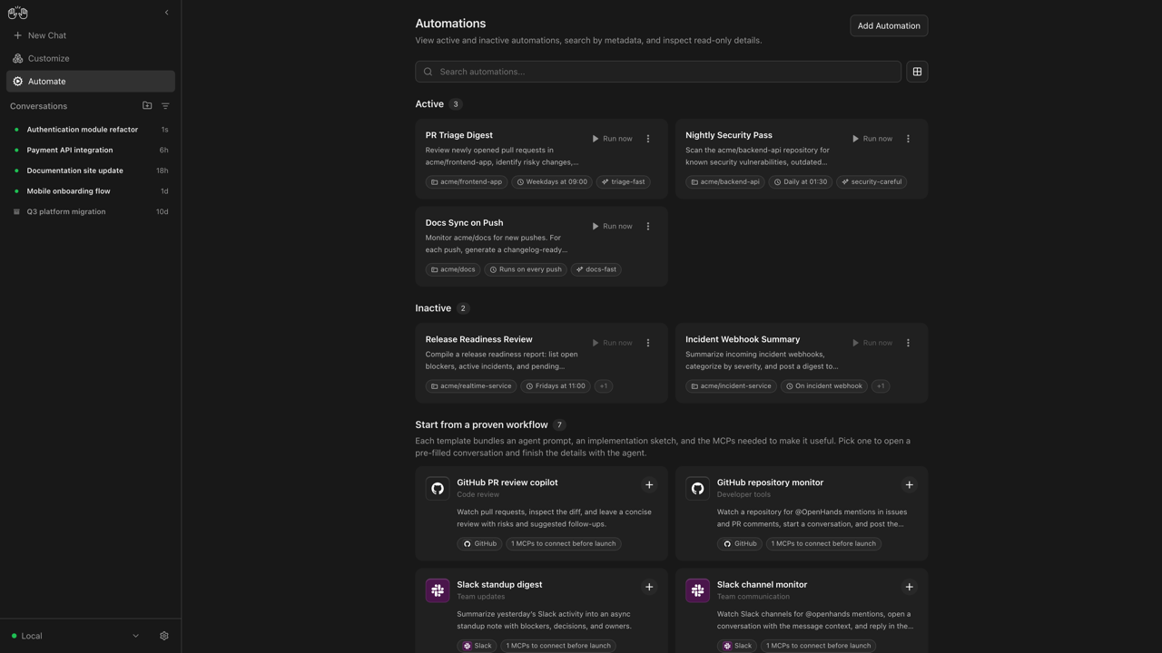 OpenHands Agent Canvas screenshot: 01 automations